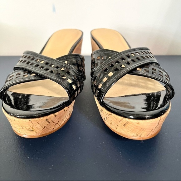 Kate Spade Tawny Black Patent Leather Natural Cork Peep Toe Wedge Sandals Size 9 - Picture 11 of 16